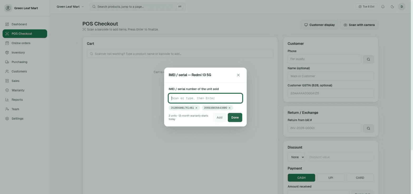 NodeDR POS checkout asking for the IMEI of each unit being sold