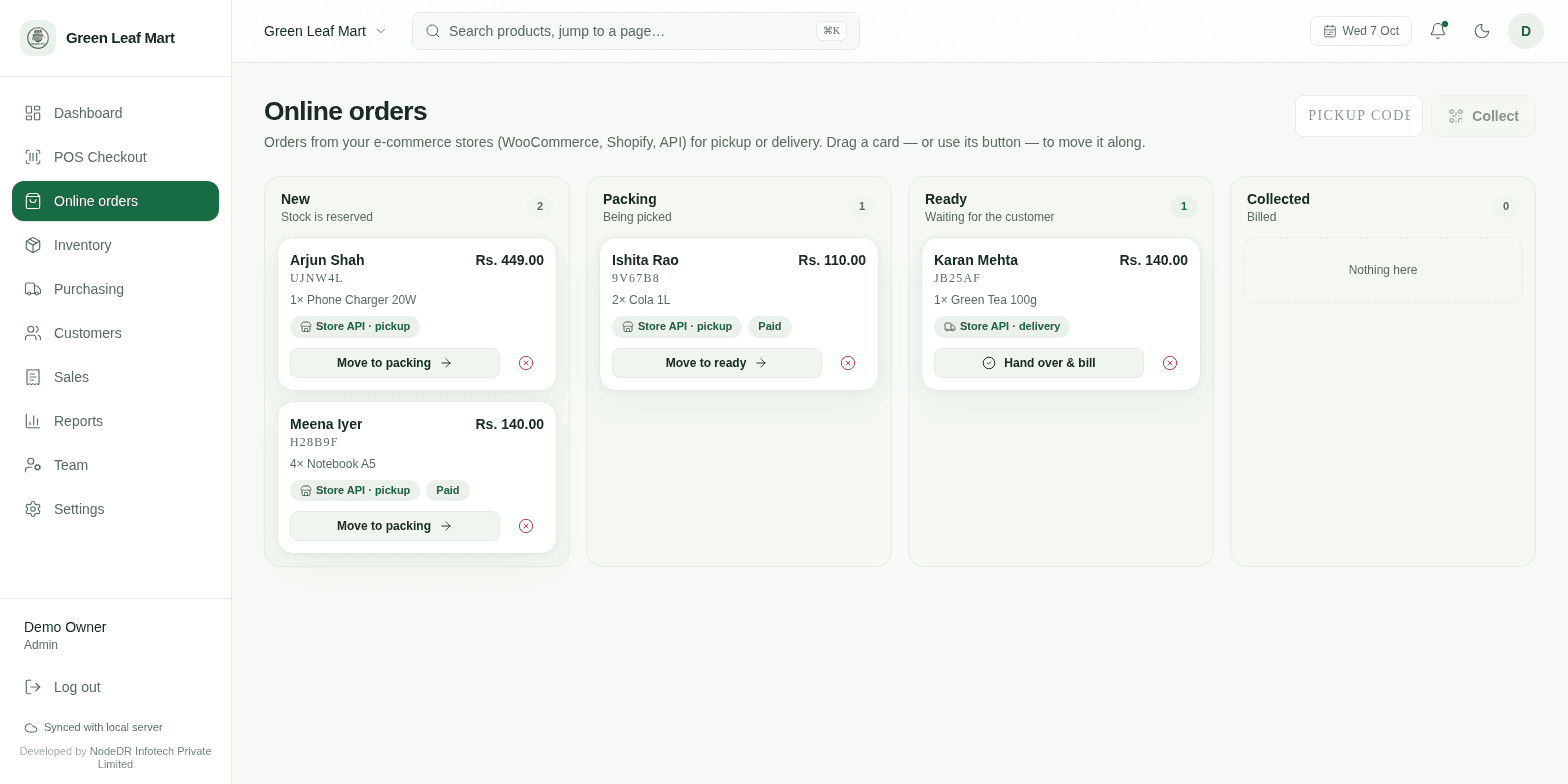 The NodeDR POS Online orders board with New, Packing, Ready and Collected columns