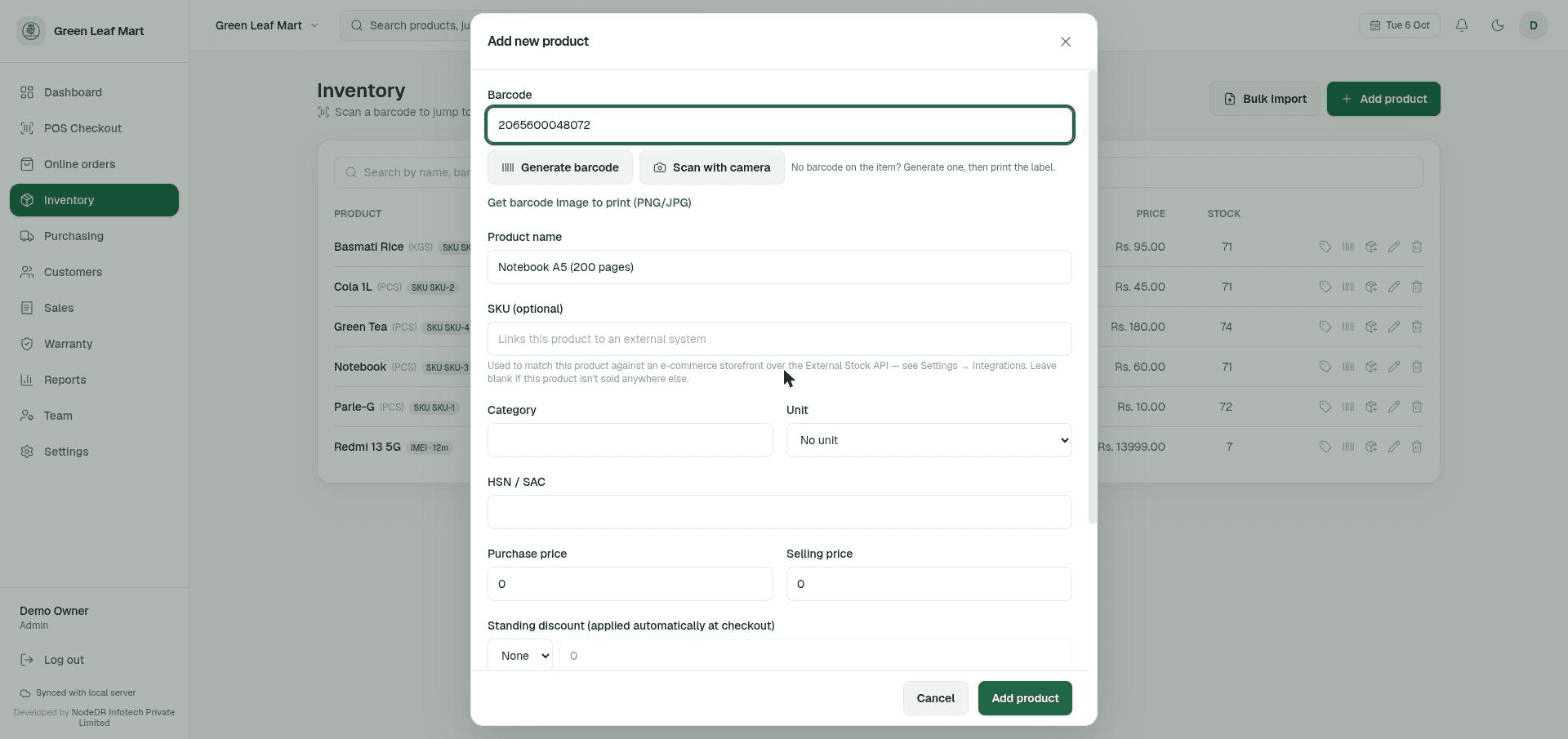 NodeDR POS add product form with barcode scanning and barcode generation options