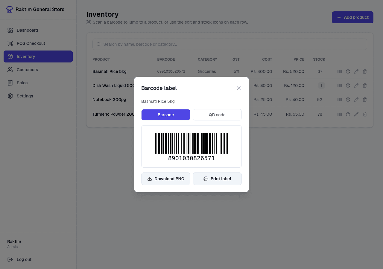NodeDR POS barcode label modal with print and download options