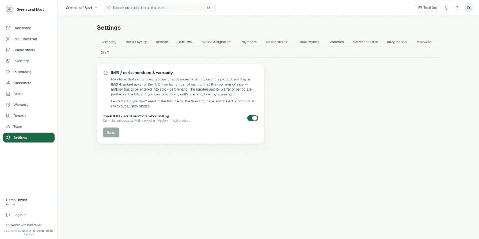 NodeDR POS feature settings for enabling retail workflows