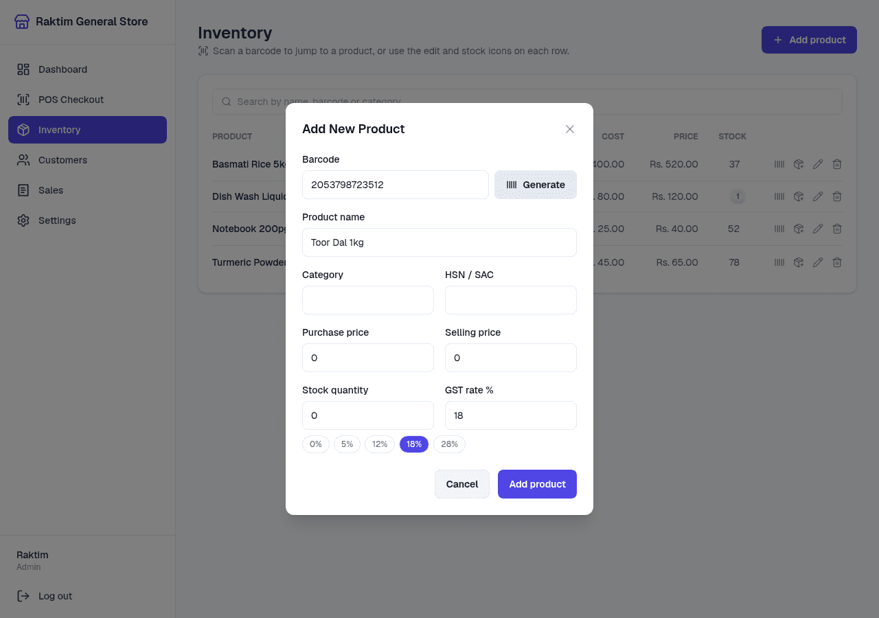 NodeDR POS add product form with EAN-13 barcode generator