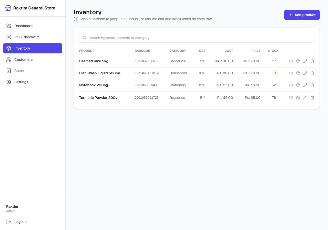 NodeDR POS inventory list with barcode scan, edit, and stock action buttons