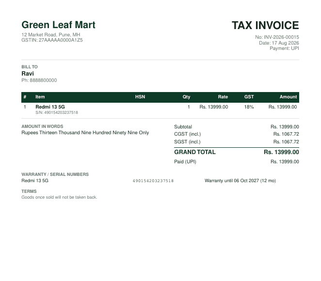 NodeDR POS A4 tax invoice with tax breakdown, warranty table, and shop signature