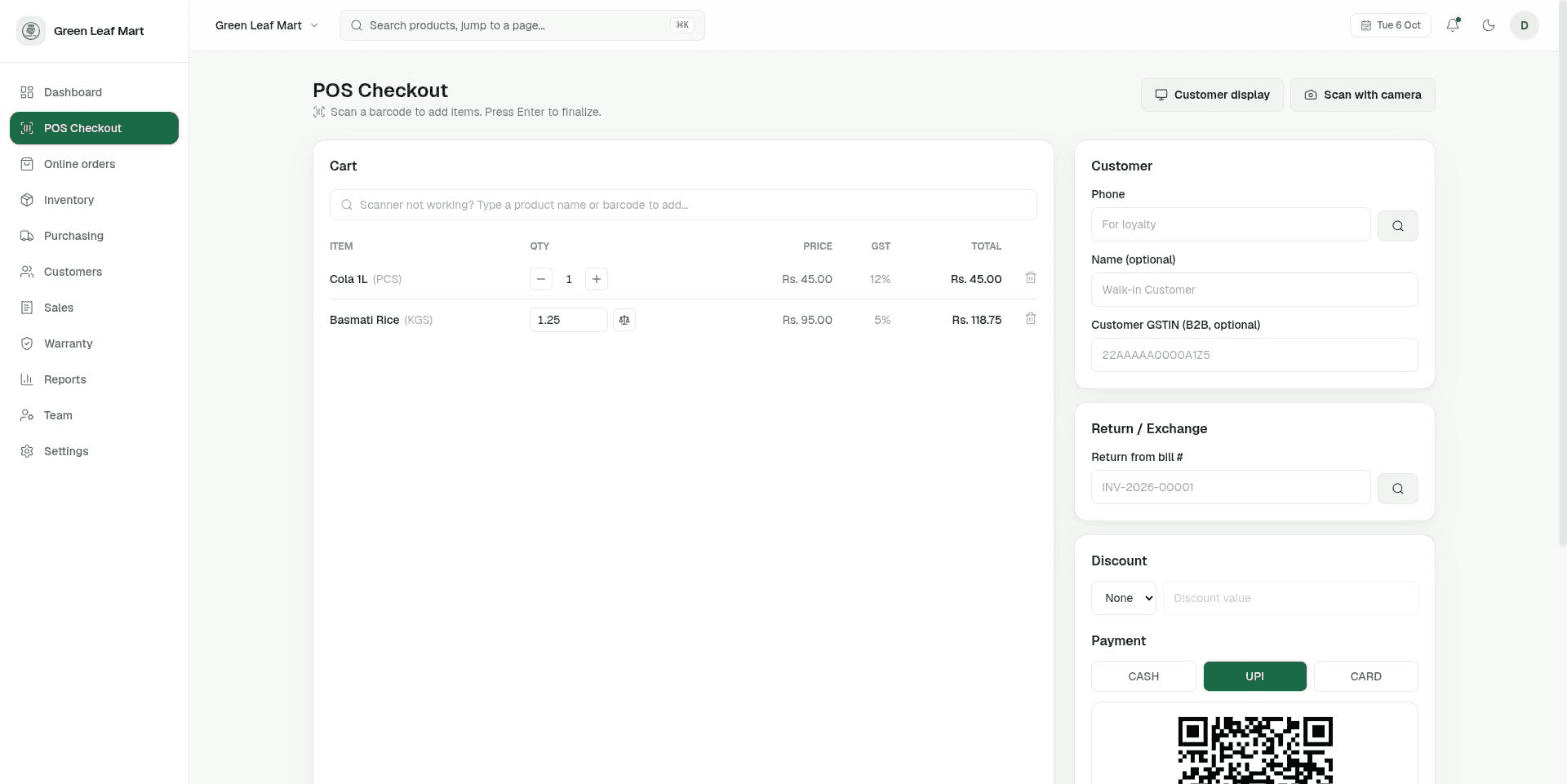 NodeDR POS checkout with a product cart, weighed item, and UPI payment QR