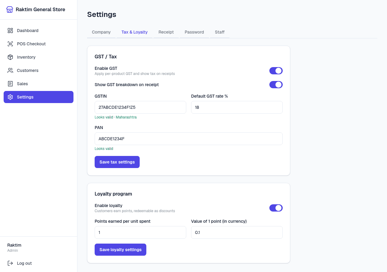 NodeDR POS settings with live GSTIN and PAN validation