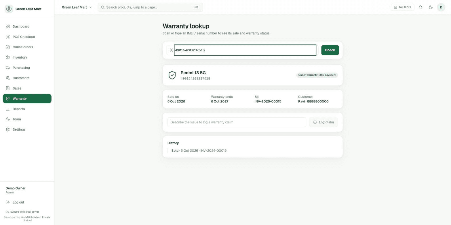 NodeDR POS warranty lookup showing a product sale date and warranty status