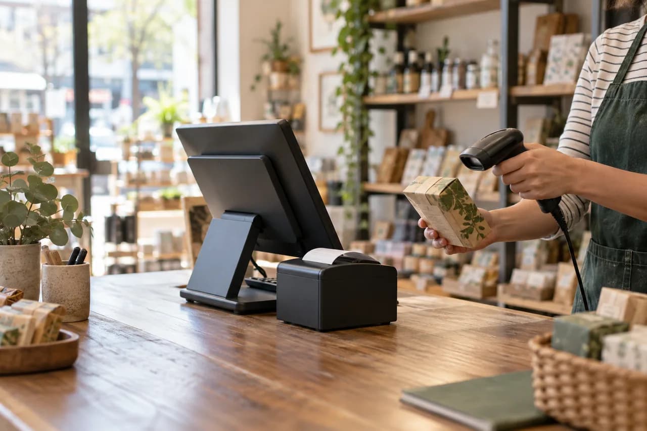 Illustrative photo of a small retail counter with a point-of-sale terminal, receipt printer, and barcode scanner